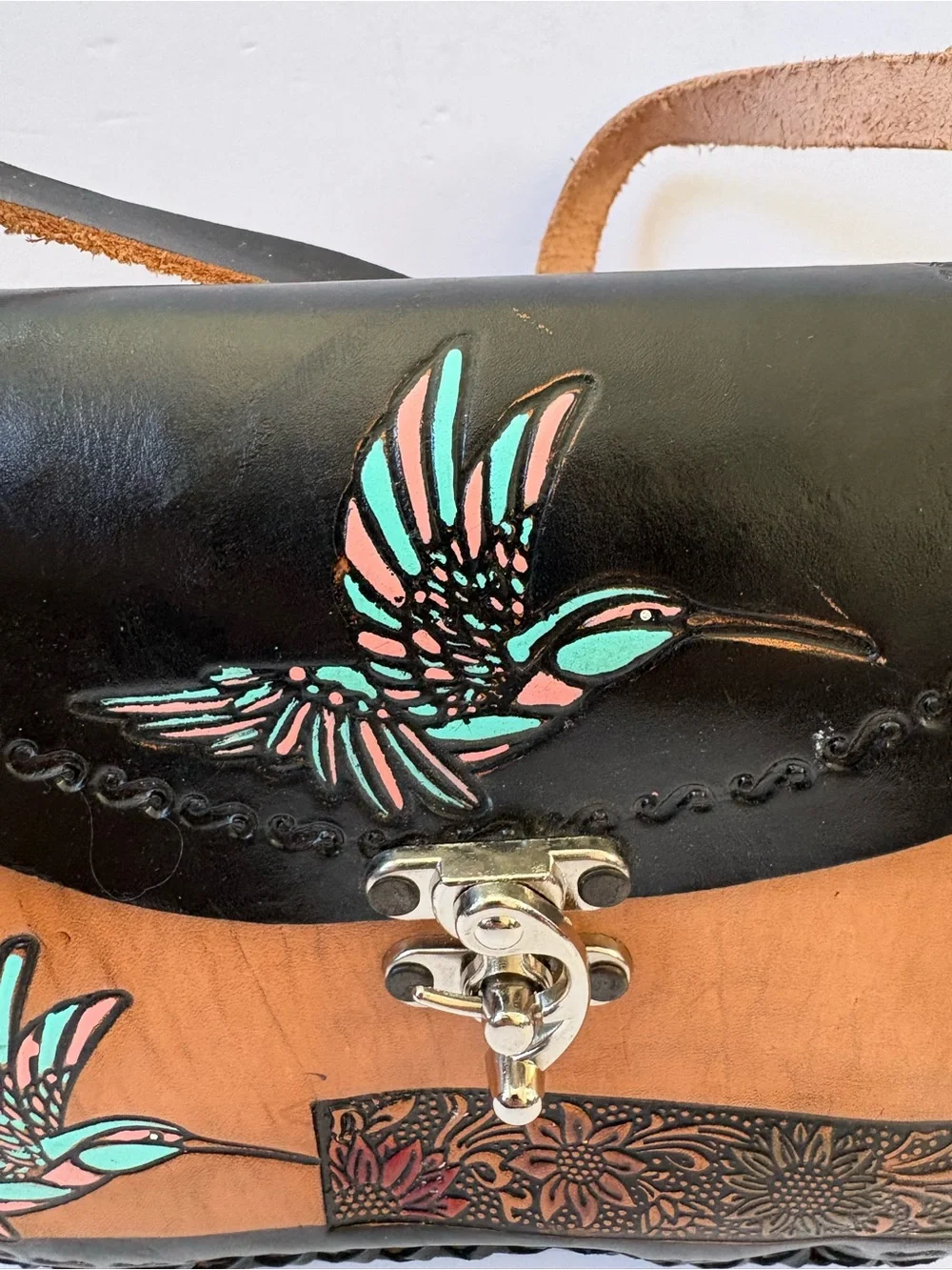 Mexican Leather Crossbones Bag Hand Crafted Tooled Hummingbird Brown Black Artsy